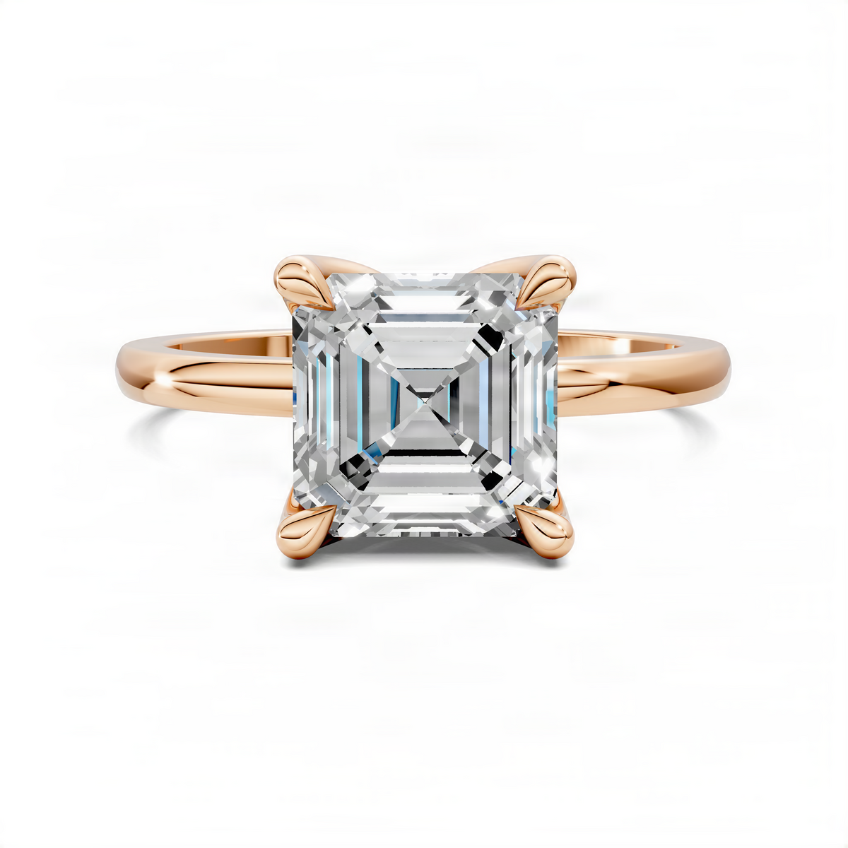 Rose-gold ring with Asscher-cut center stone and floral basket prongs; front view.