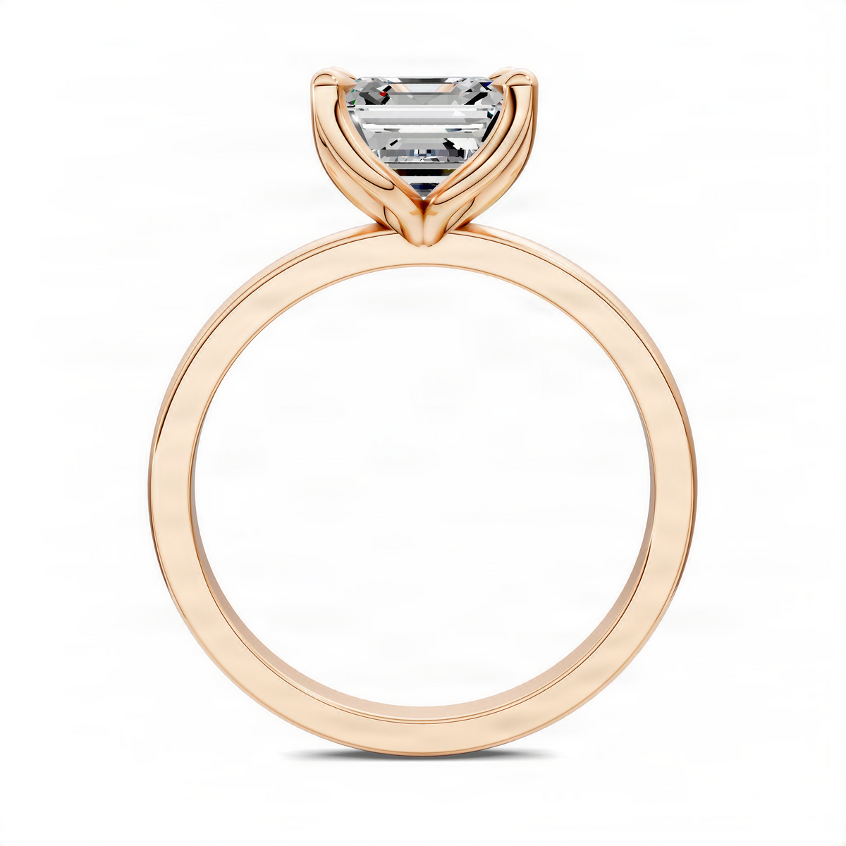 Gold-tone solitaire ring with Asscher-cut center stone in basket setting; open side view.