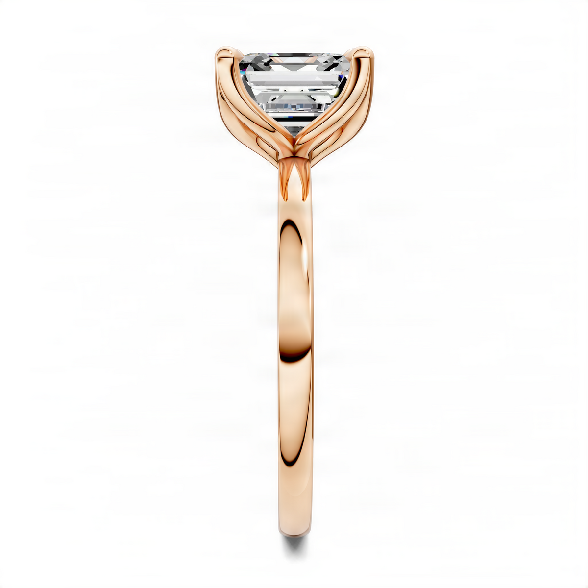 Rose-gold ring with Asscher-cut center stone and floral basket prongs; straight side view.