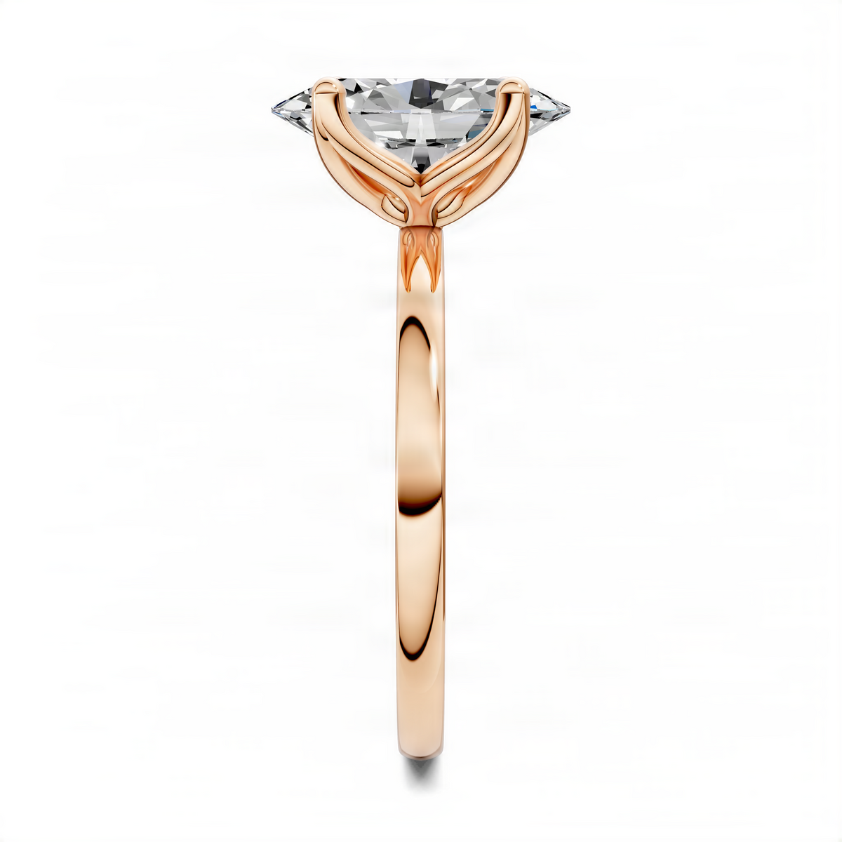 Rose gold ring with oval shank profile, floral basket setting and round center stone