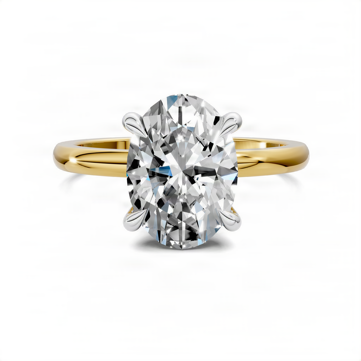 Yellow gold oval engagement ring with clear center gemstone and silver halo setting.