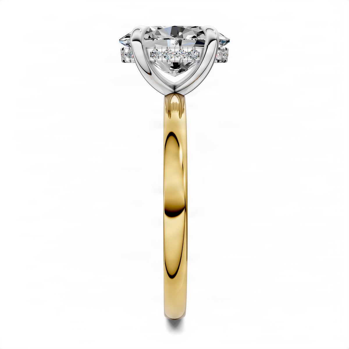Two-tone ring with oval clear center stone, silver prongs, and gold band.