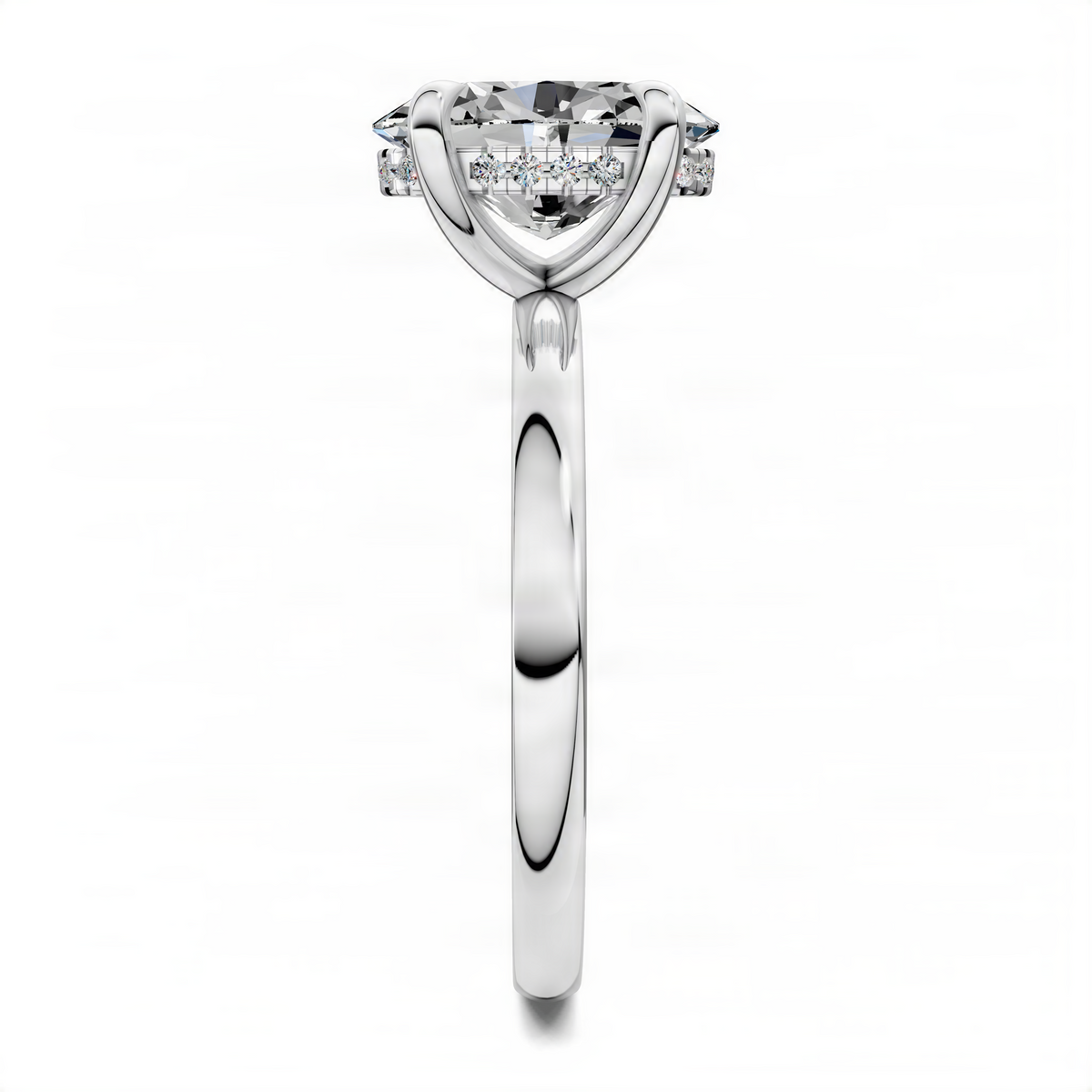 Silver oval ring with clear oval center stone, prong-set halo, and polished band.