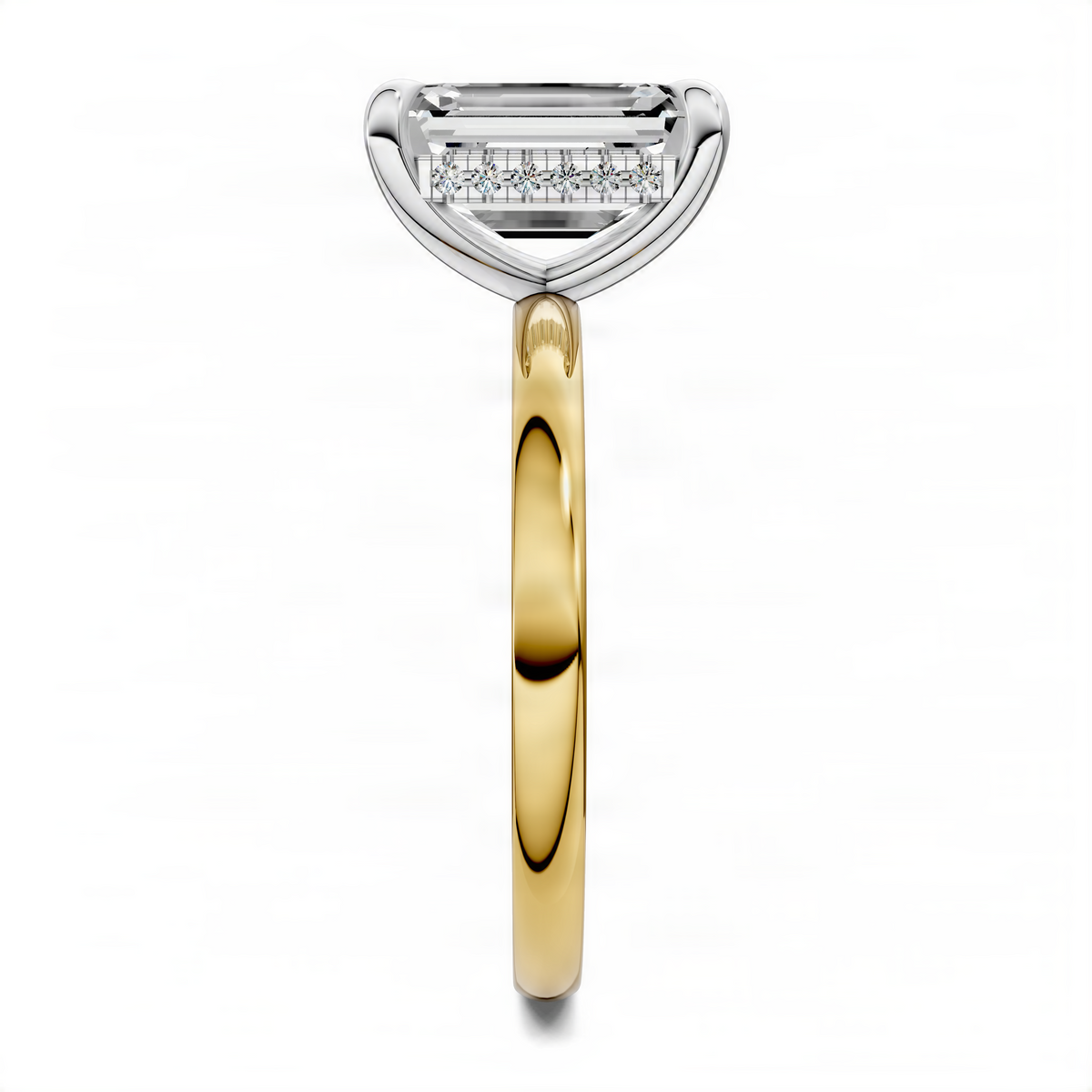 Yellow gold band with white prongs holding an emerald-cut center stone