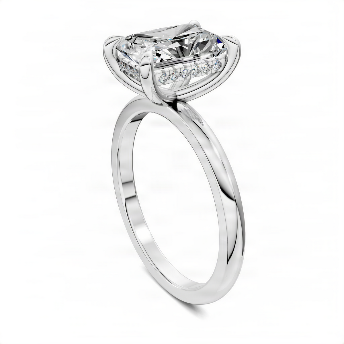 Radiant-cut diamond ring with diamond halo accents, two-tone silver and rose band