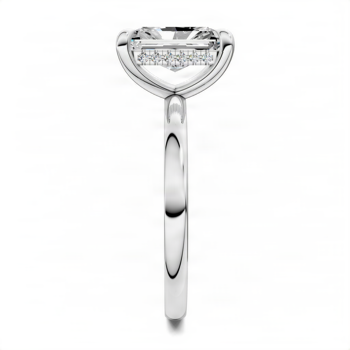 Radiant-cut diamond ring with diamond halo and smooth white metal band