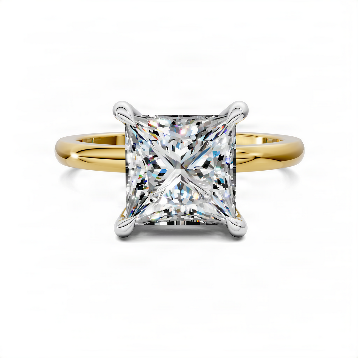Princess cut diamond ring with yellow gold band and white gold prong setting