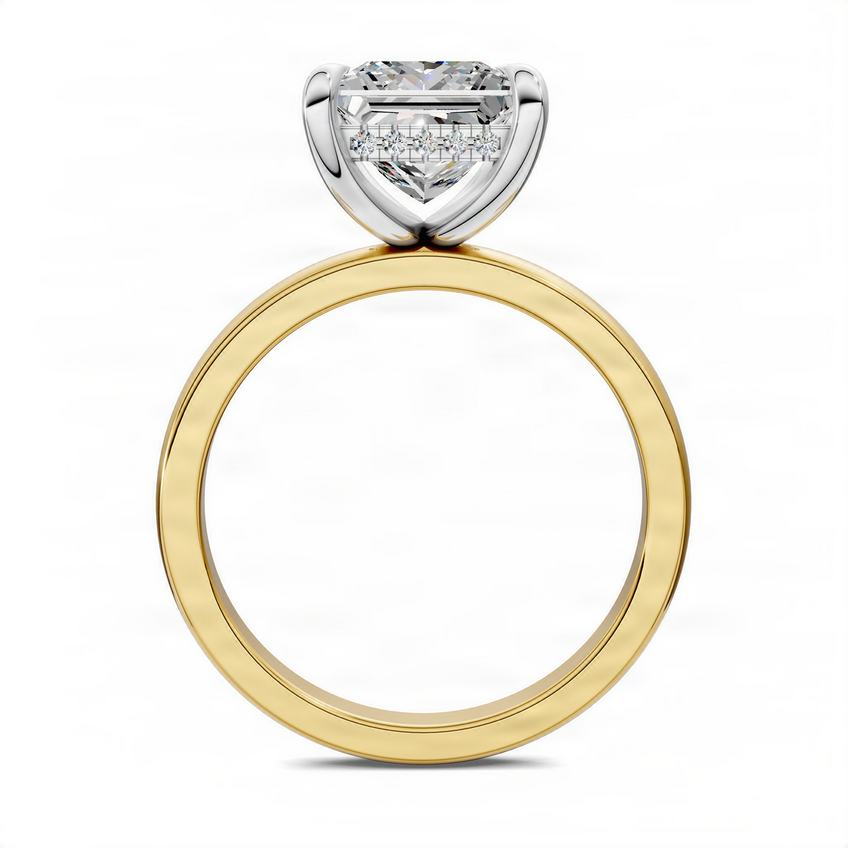 Princess cut diamond ring with yellow gold band and white gold prong top