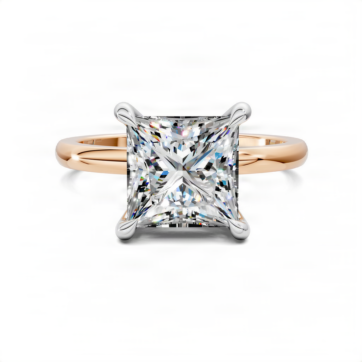 Princess cut diamond ring with rose gold band and white gold four-prong setting