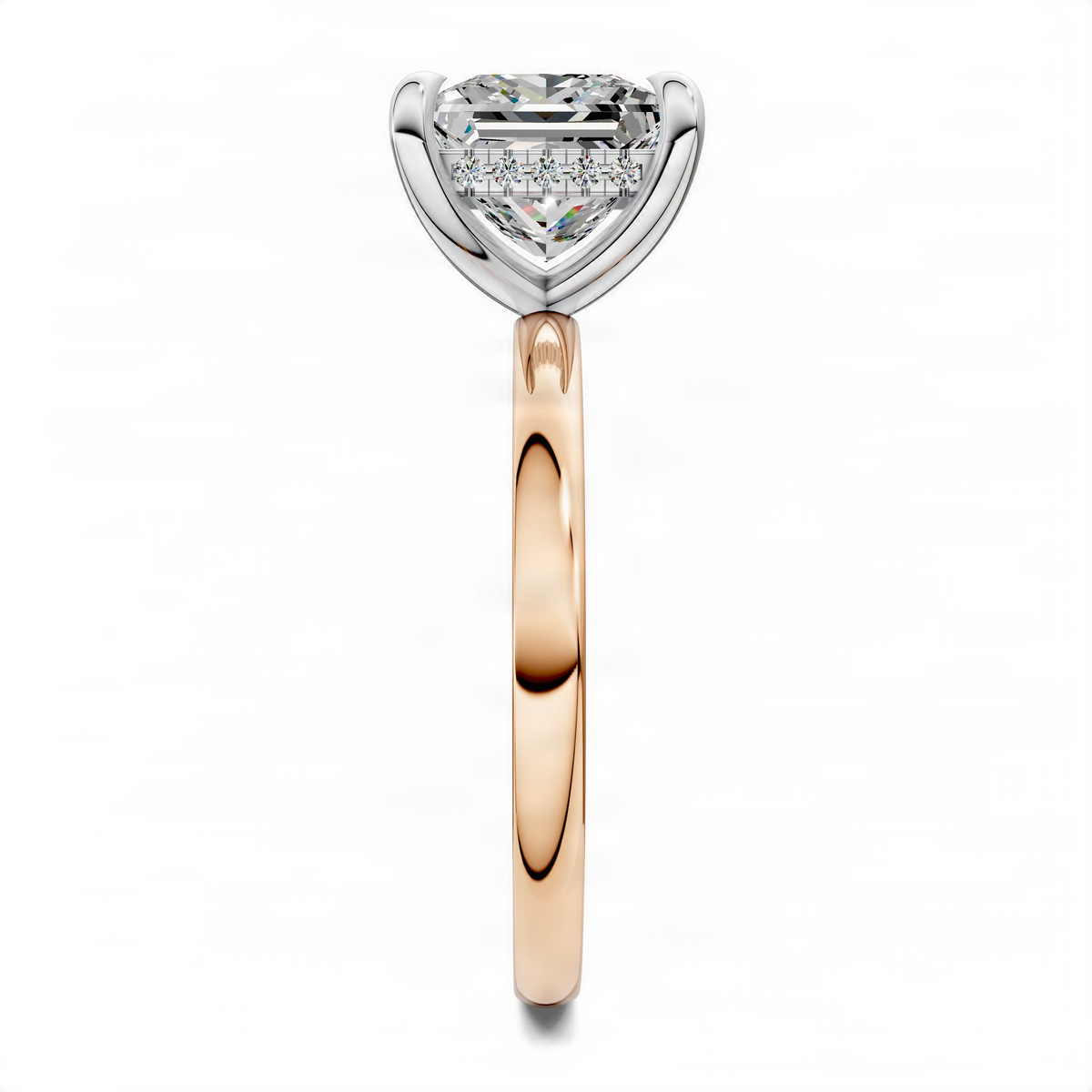 Princess cut diamond ring with rose gold band and white gold open prong basket
