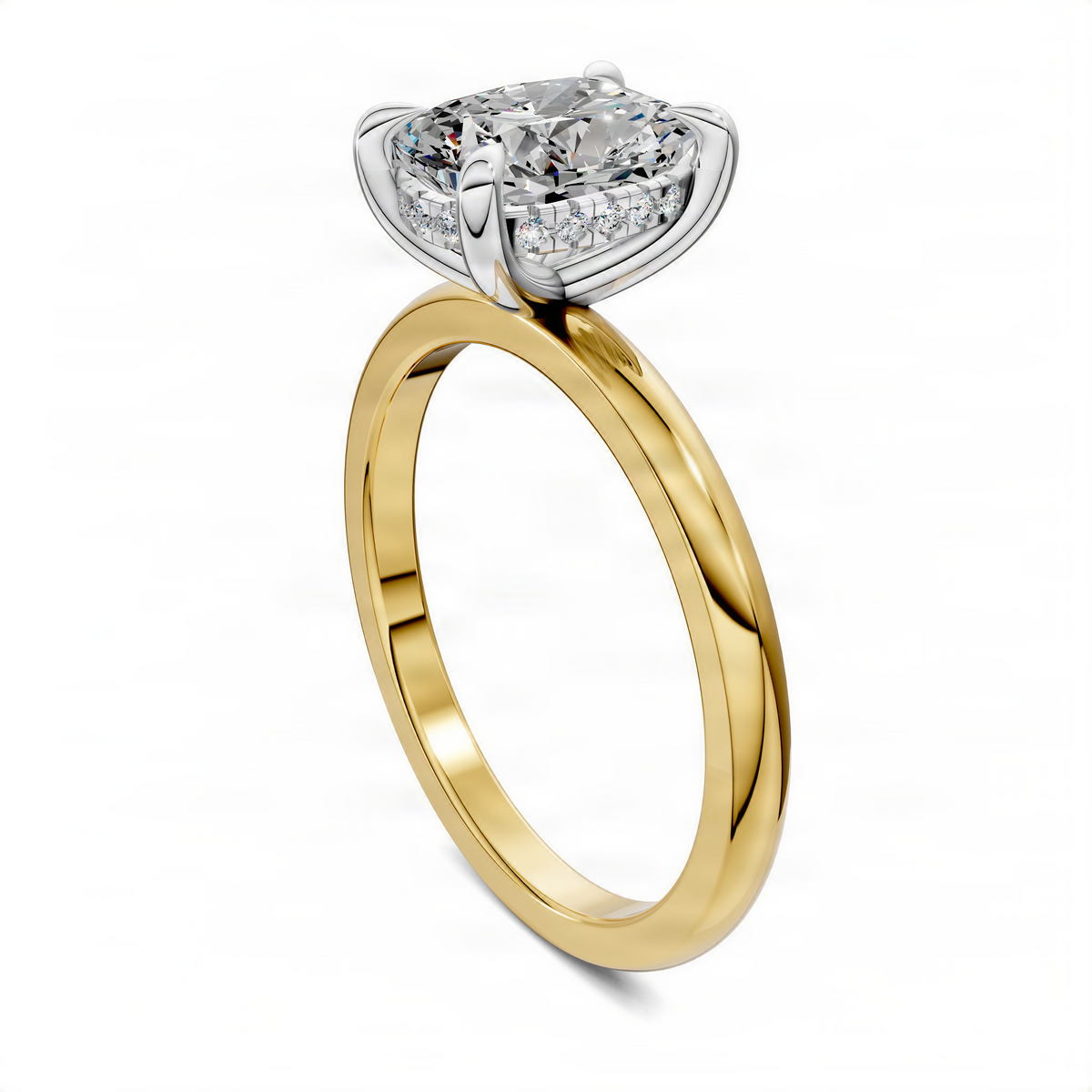 Oval mixed-metal ring with clear oval center stone and gold band