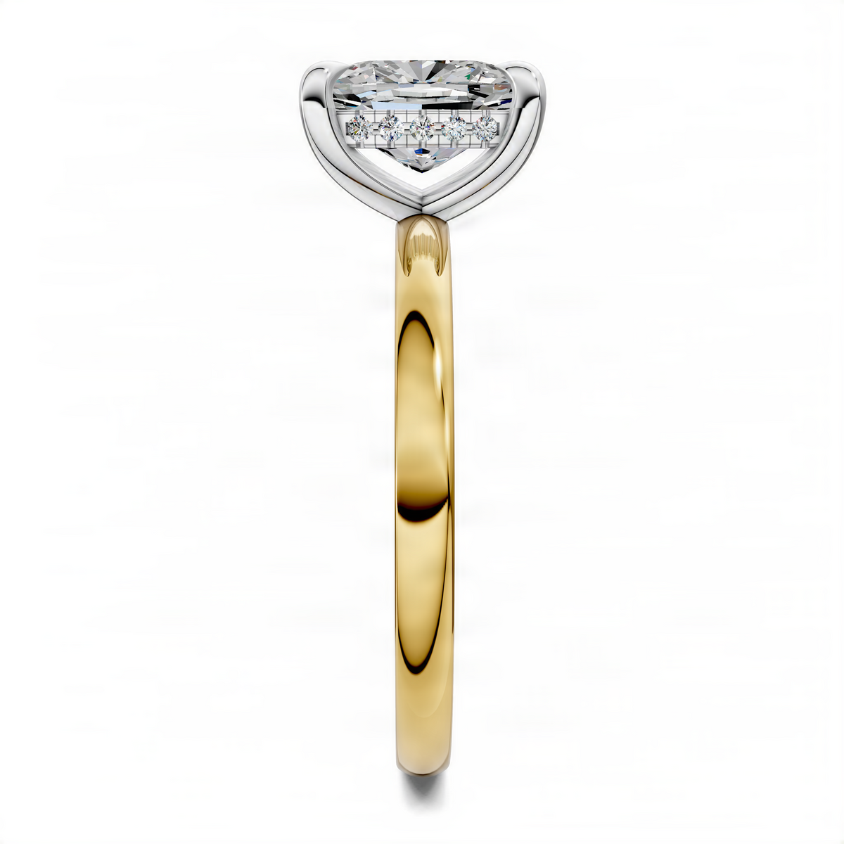 Oval mixed-metal ring with oval clear stone, white prongs and yellow gold band