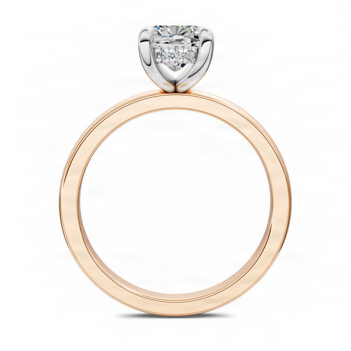 Oval mixed-metal ring with clear oval center stone and rose-gold band