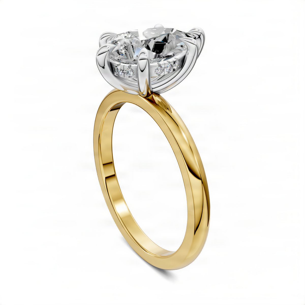 Two-tone gemstone ring with yellow-gold band and white-metal prong-set round diamonds