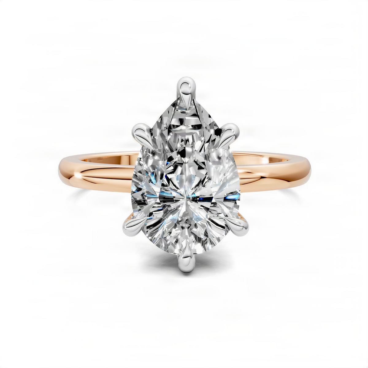 Two-tone engagement ring with rose-gold band and white prong-set marquise-cut diamond