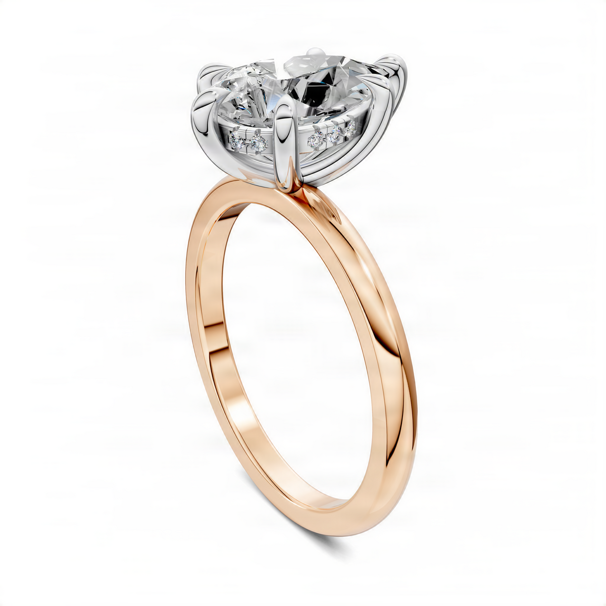 Two-tone gemstone ring with warm gold band and white-metal prong-set round diamonds