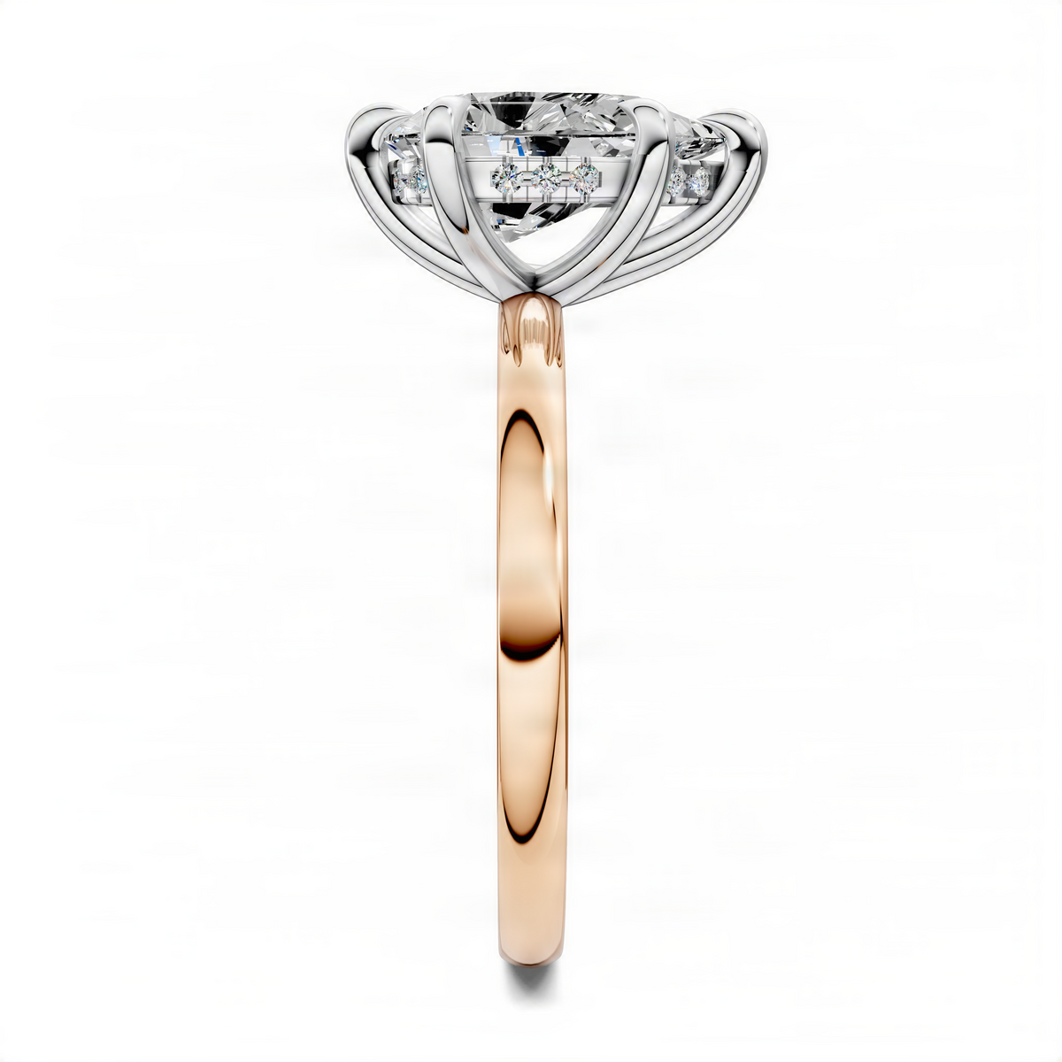 Two-tone ring with rose-gold slim band and white prong-set marquise-cut center diamond