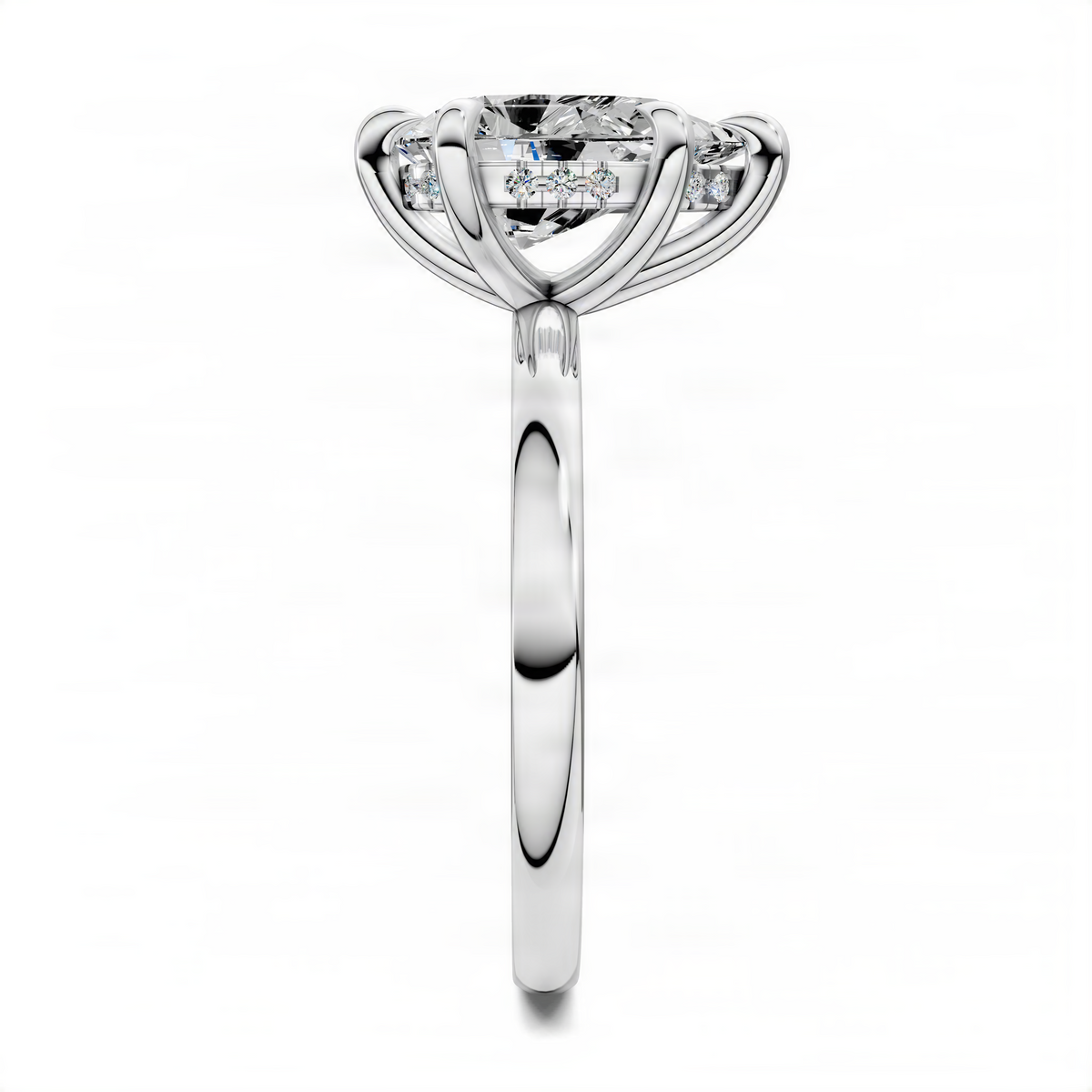 White-metal engagement ring with vertical tapered band and prong-set center diamond halo