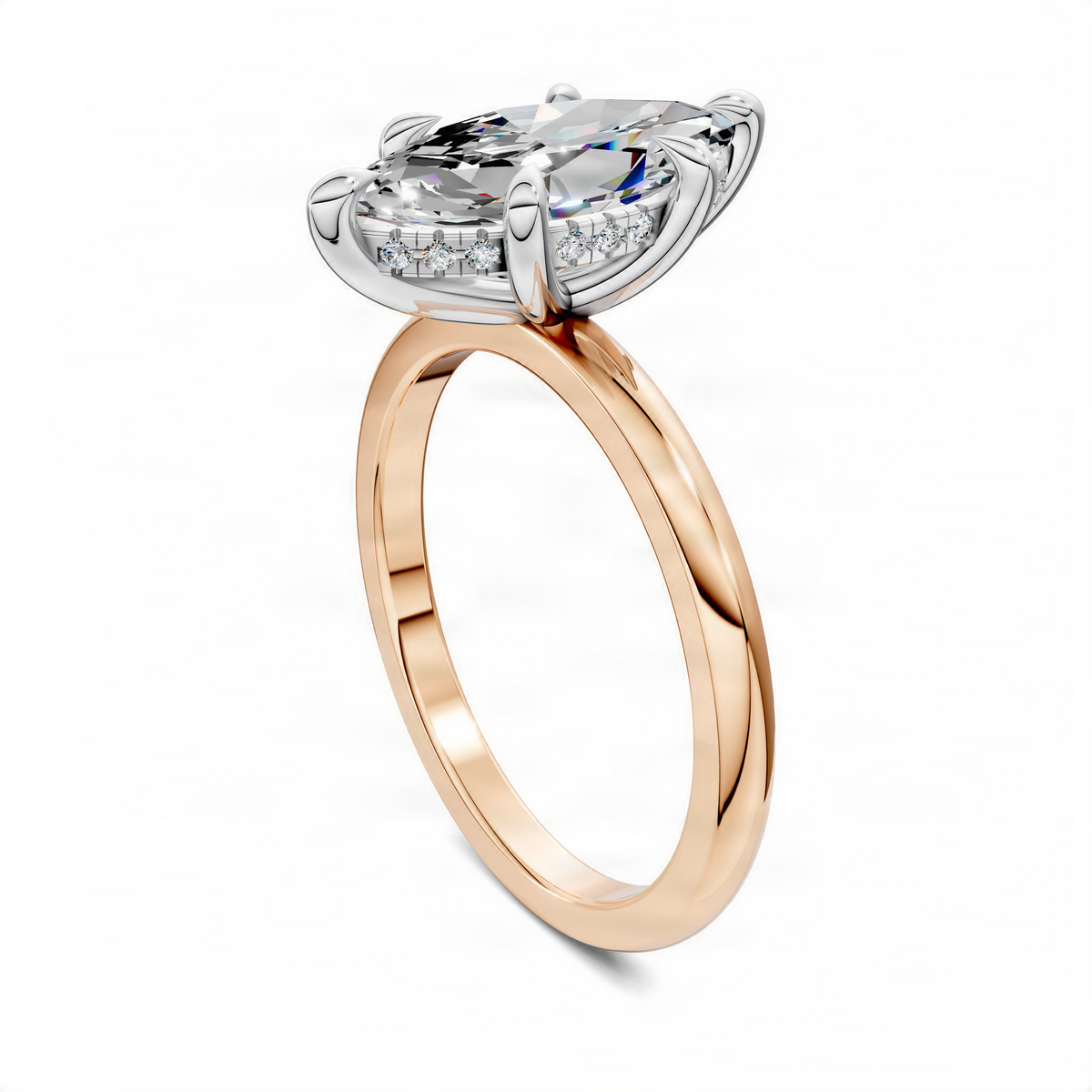 Two-tone marquise diamond ring with halo, white top setting and rose-gold band