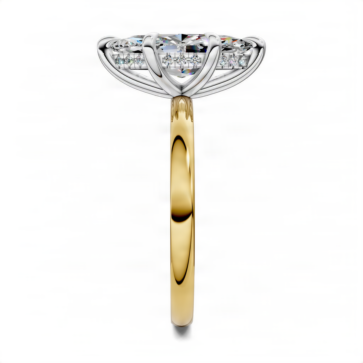 Marquise diamond ring with halo and yellow-gold band, white metal prongs