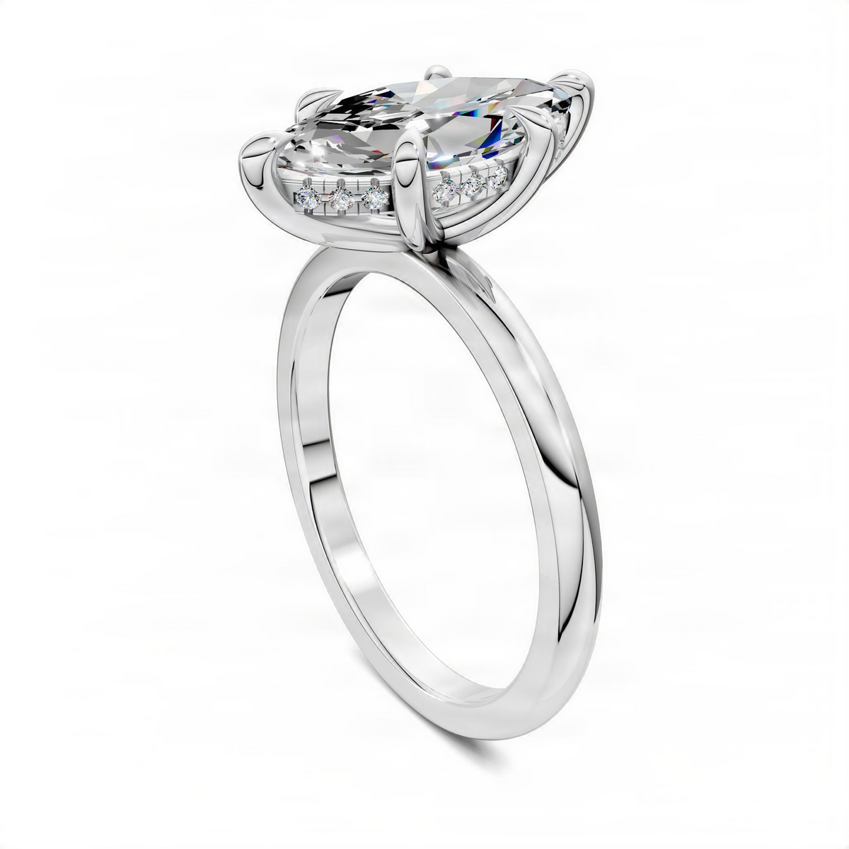 Marquise diamond ring with halo, white-gold band and white prong setting
