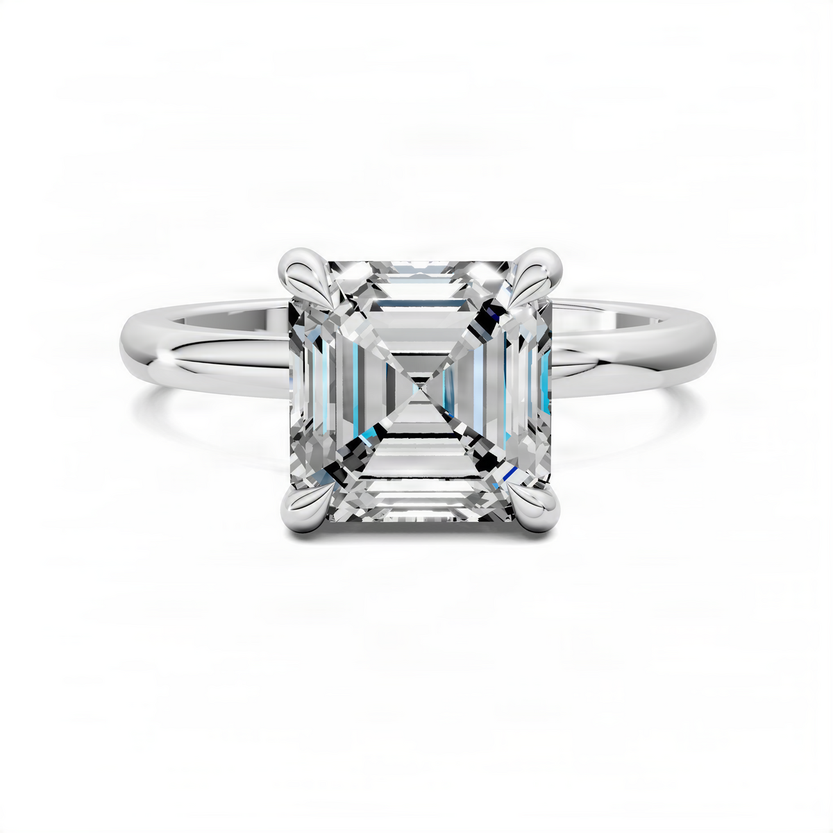 Asscher-style center stone ring with white metal band and four-prong setting