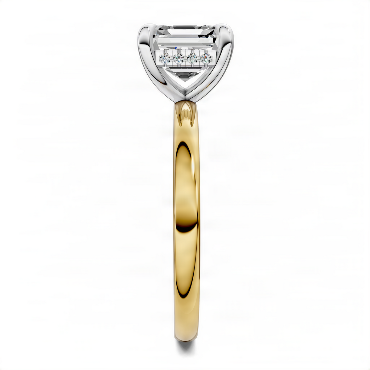 Asscher-style engagement ring profile with gold shank and white metal head