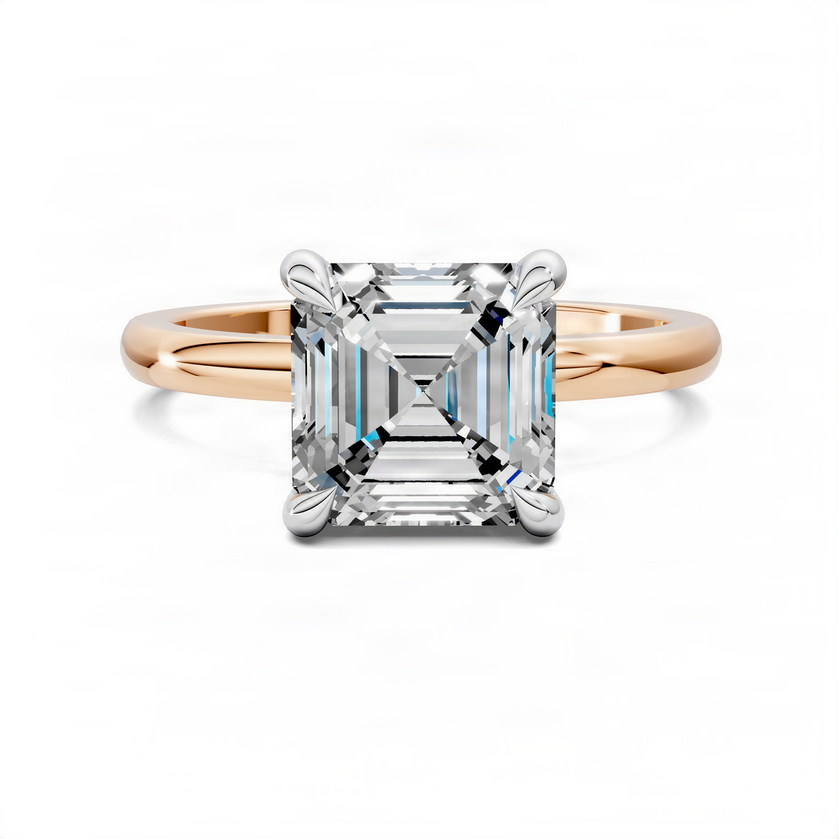 Asscher-style center stone ring with rose-gold band and four-prong setting