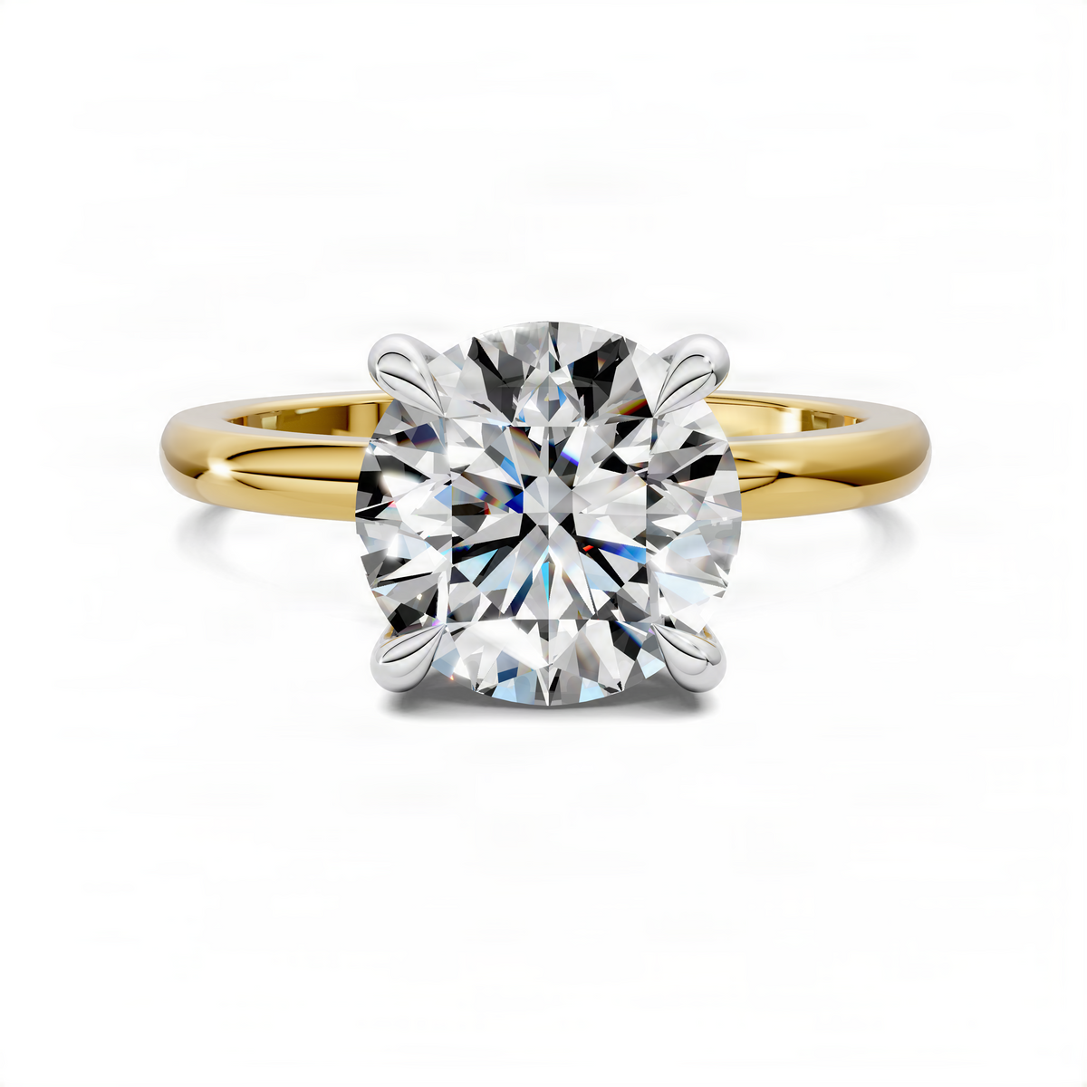 Two-tone gold ring with round center diamond and sculpted prong halo