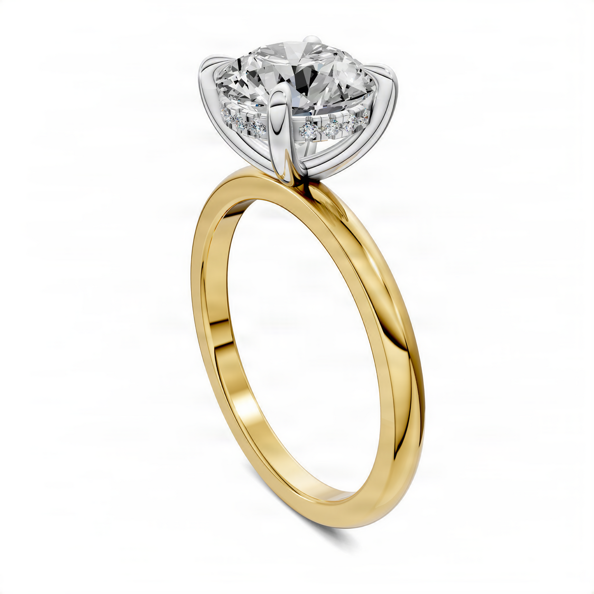 Yellow gold ring with white gold setting and round center diamond, side view