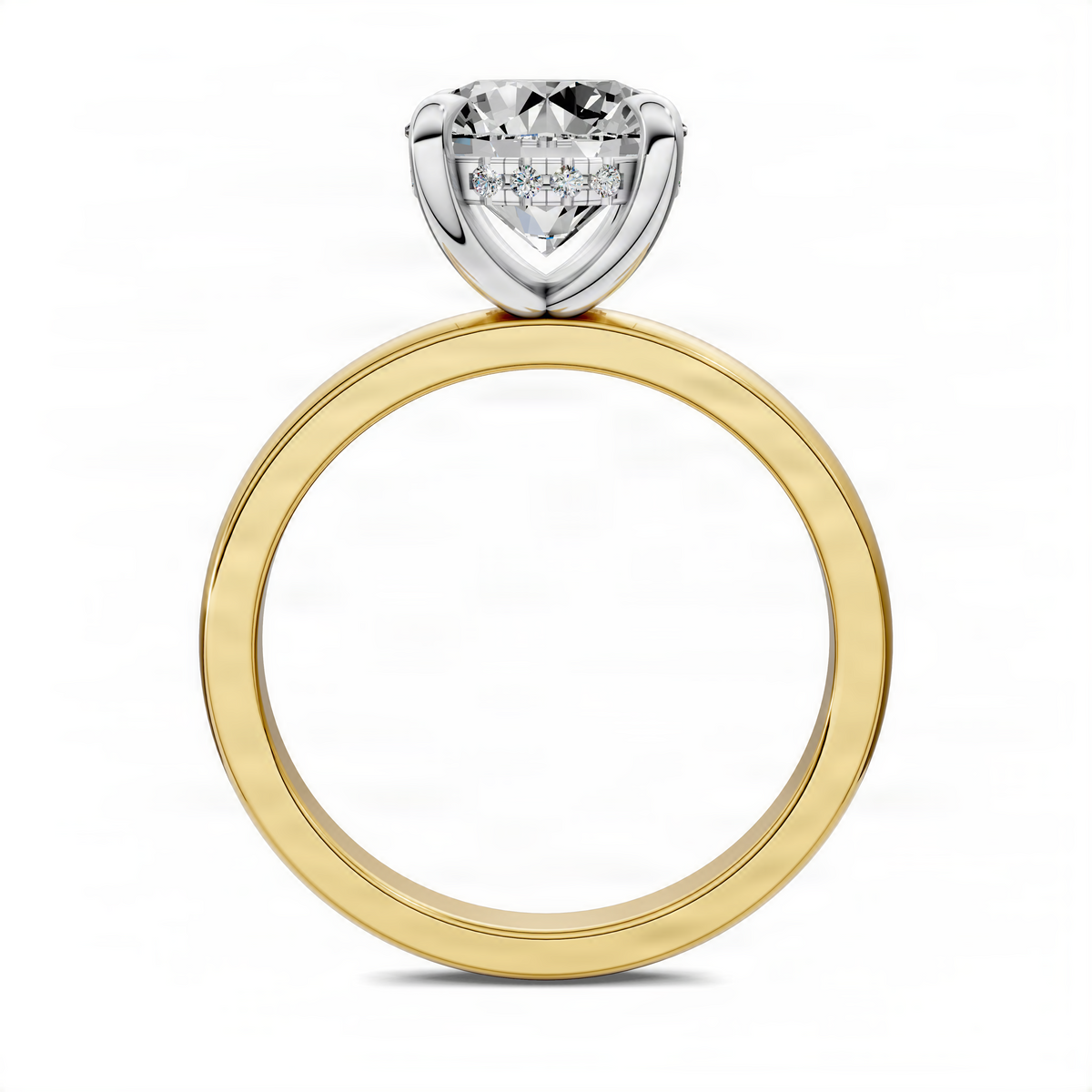 Yellow gold band with white gold triangular setting and round center diamond