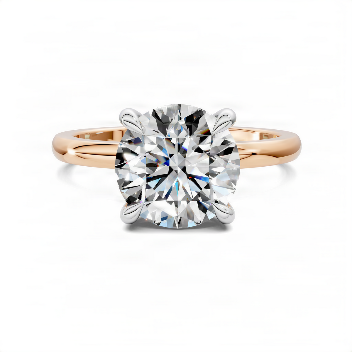 Rose gold ring with round center diamond and sculpted prong halo