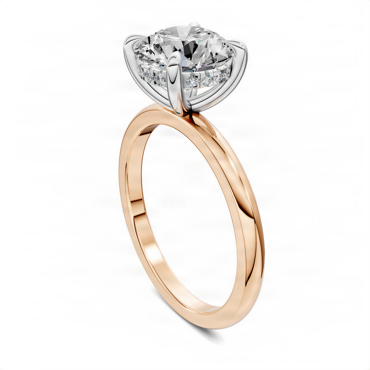 Mixed metal engagement ring with round diamond, white gold setting and rose gold band