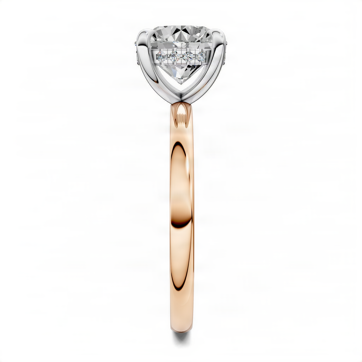 Rose gold slim band with white gold triangular setting and round center diamond