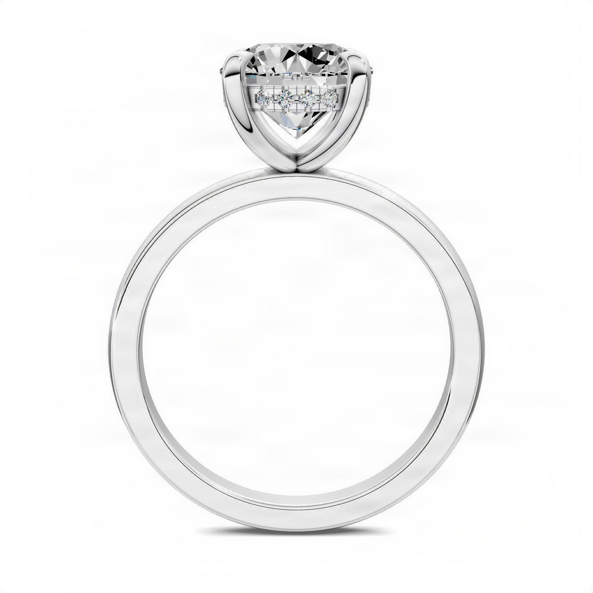 Polished metal ring band, plain profile beneath gemstone setting