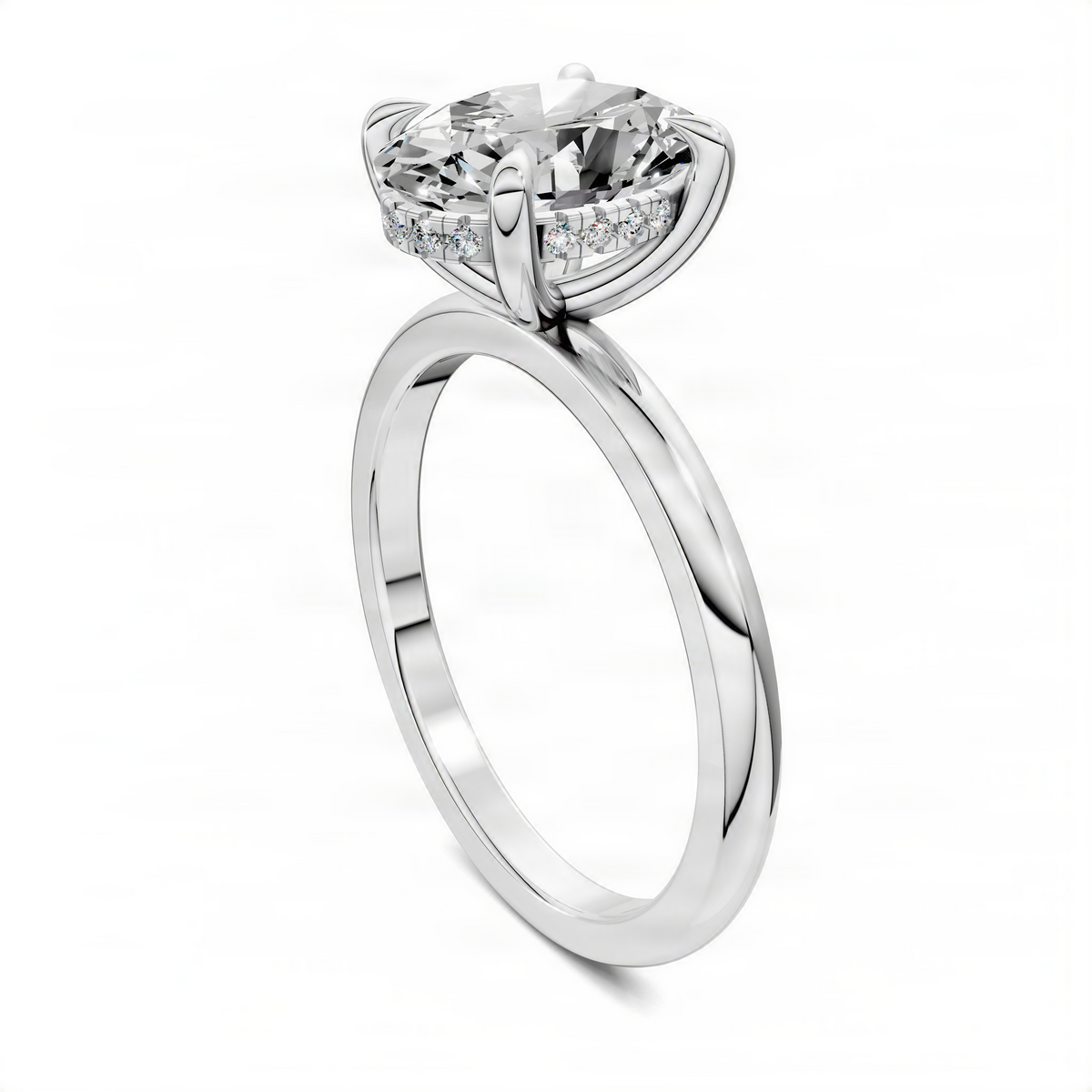 White gold engagement ring with large round center diamond and sculpted side prongs
