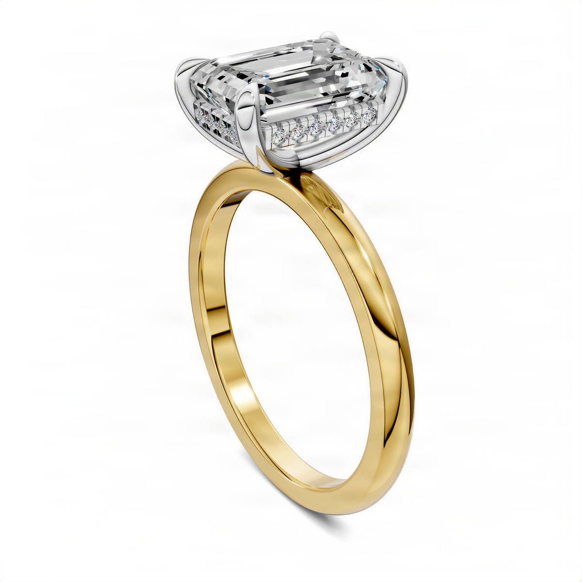 Mixed metal ring with yellow gold band and white gold setting, oval clear gemstone