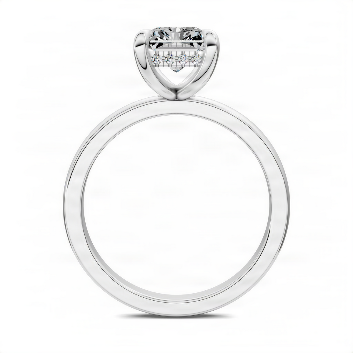 Two-tone ring showing a smooth white band and prong-set square-cut center stone
