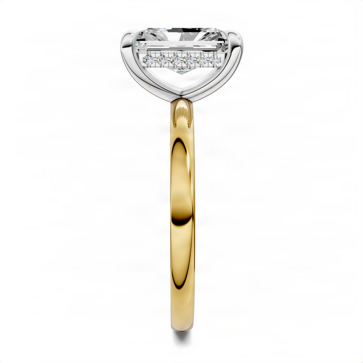 Two-tone ring with white top setting and gold band beneath a square-cut center stone