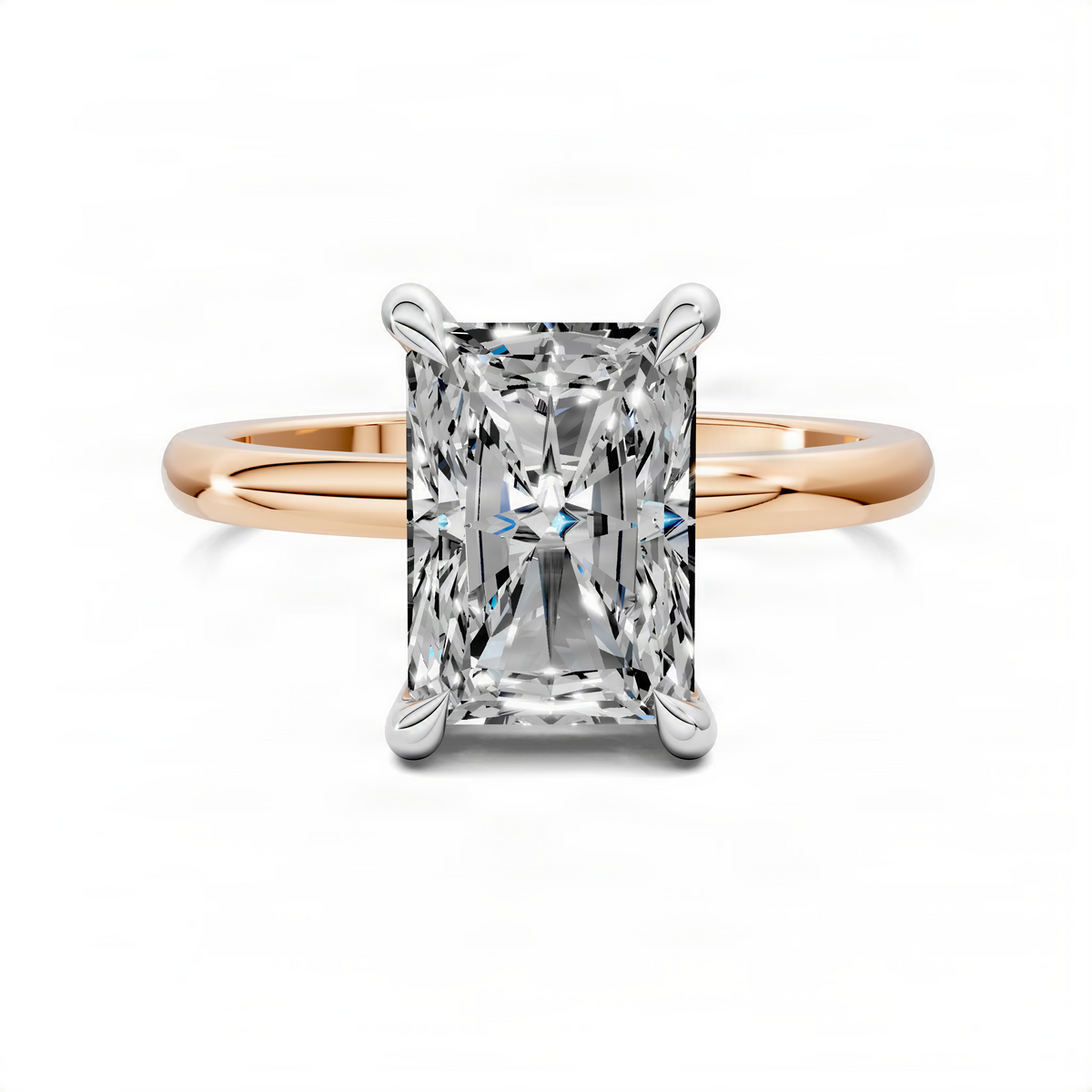 Rose-gold mixed metal ring with prong-set square-cut clear center stone