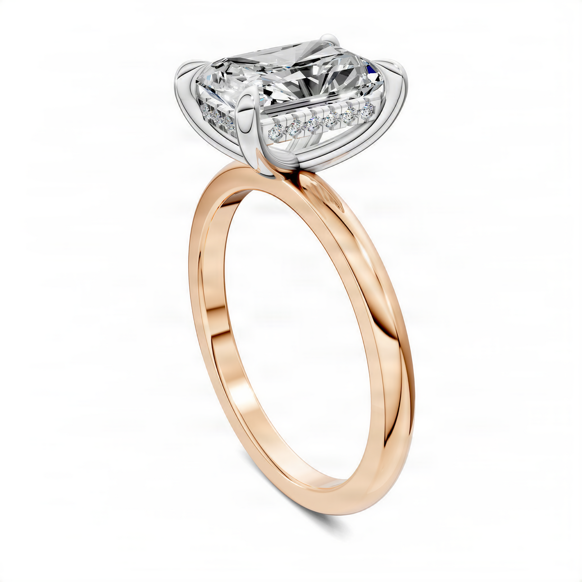 Two-tone ring with white top setting and rose-gold band, square-cut center stone visible