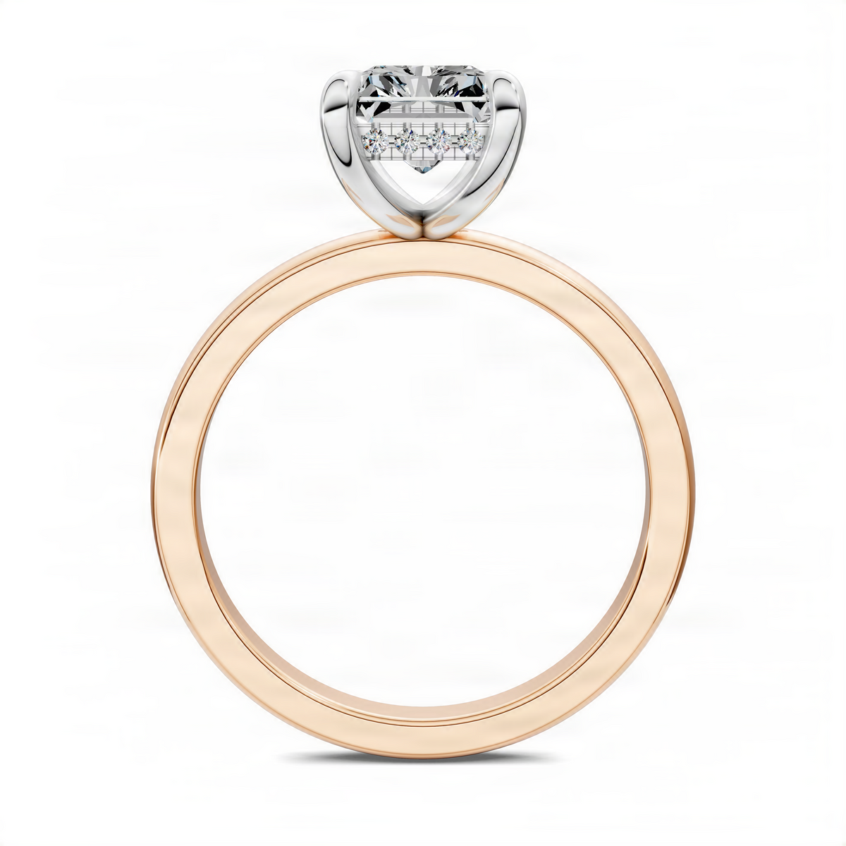 Mixed metal diamond ring with rose-gold band and silver-toned center stone setting
