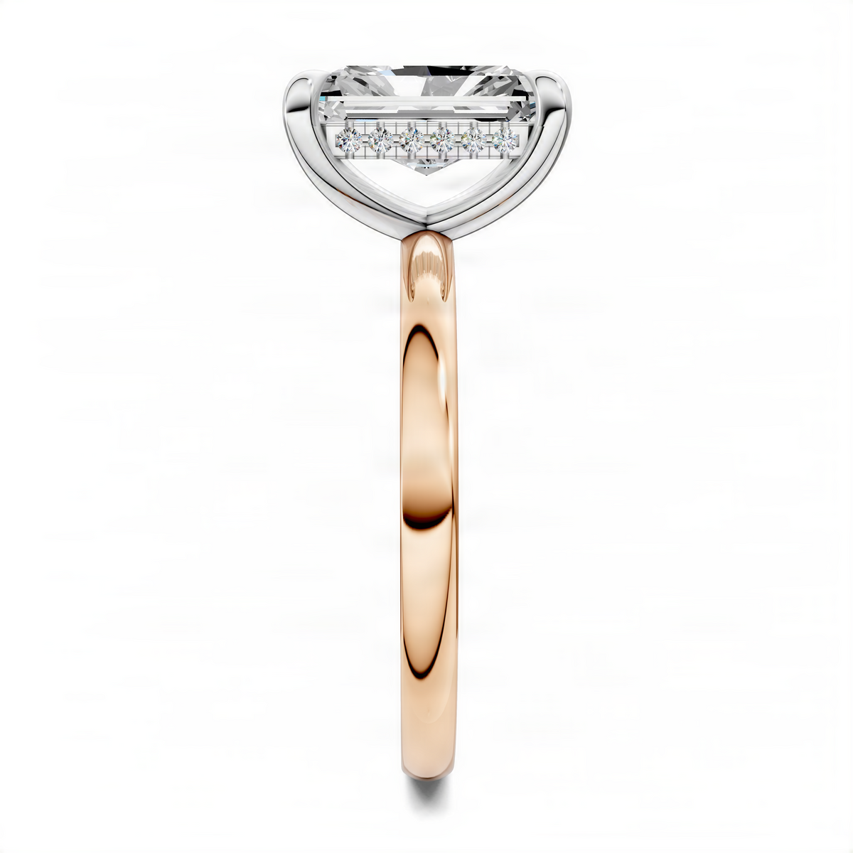 Two-tone engagement ring with white prong-set square stone and rose-gold band