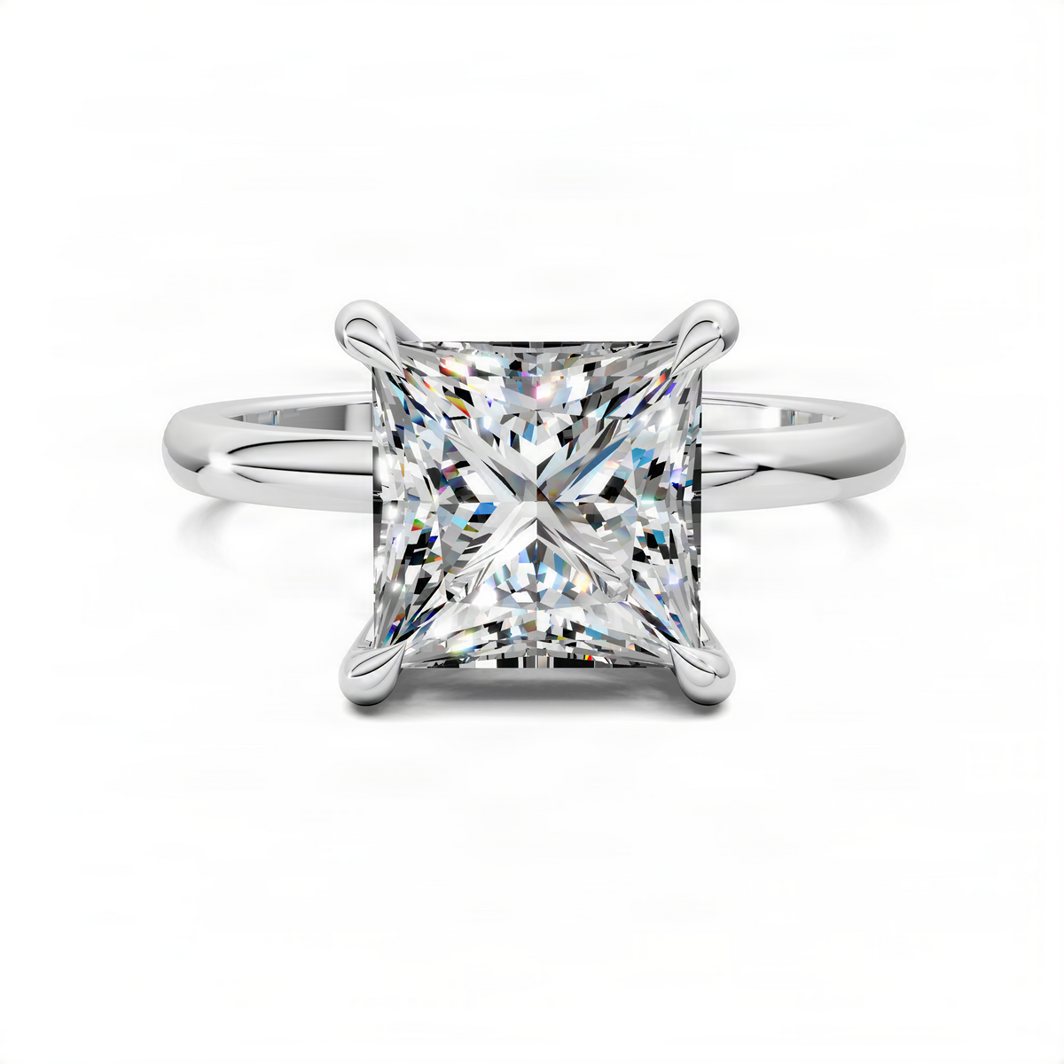 Two-tone ring with square cushion-cut crystal center, prong settings, white metal band
