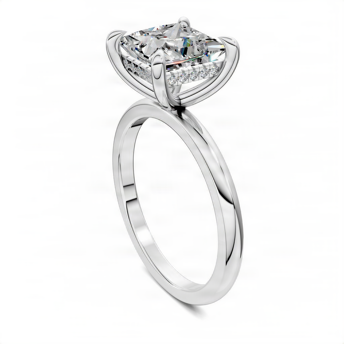 Prong-set square cushion-cut crystal ring with white metal band, angled side view