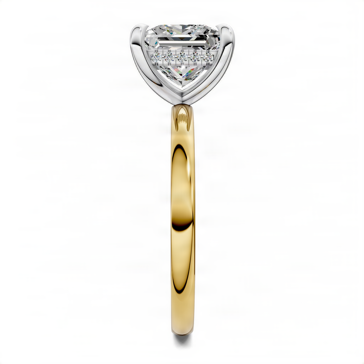 Prong-set square cushion-cut crystal ring with white top and gold band, vertical view