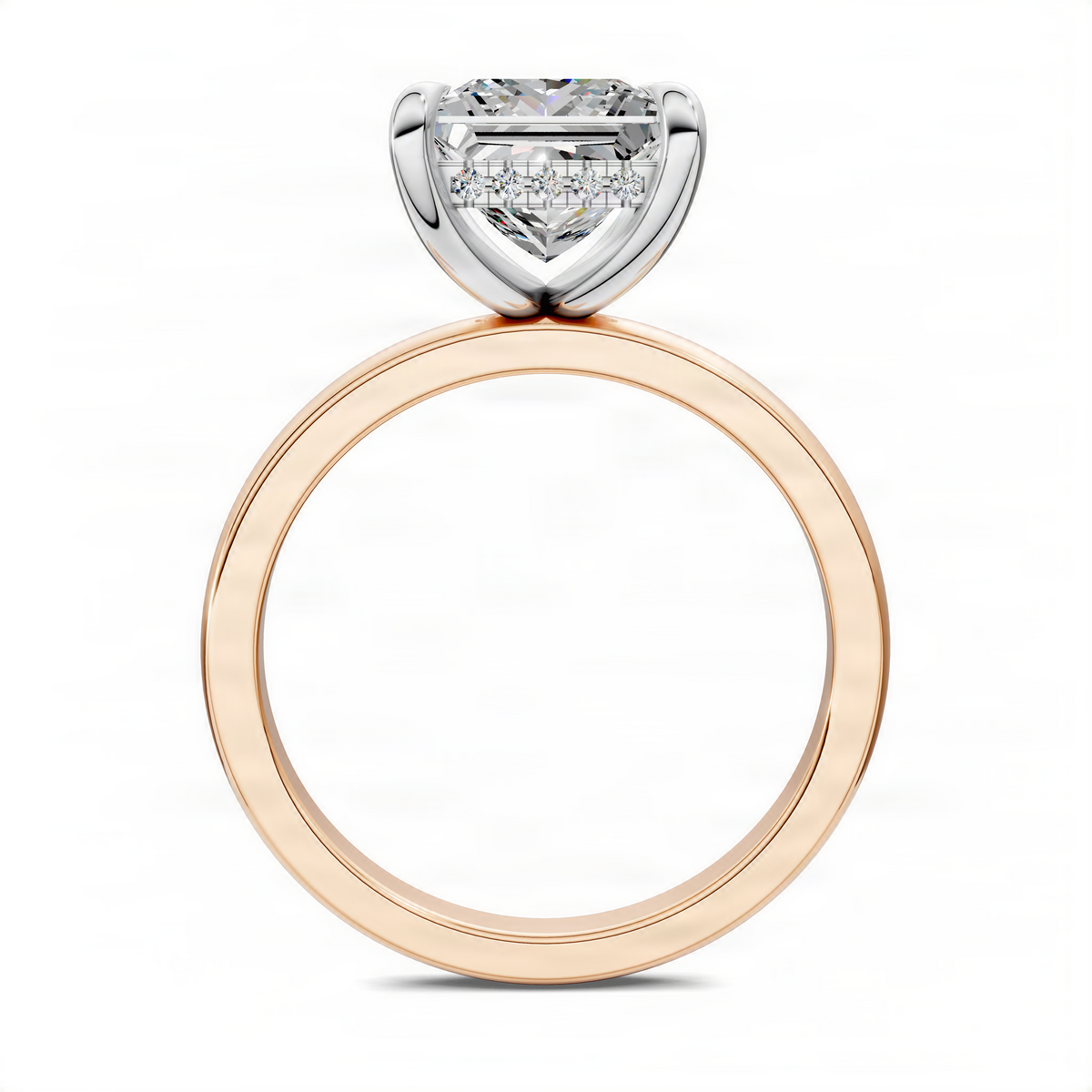 Prong-set square cushion-cut crystal ring with rose gold band, front view
