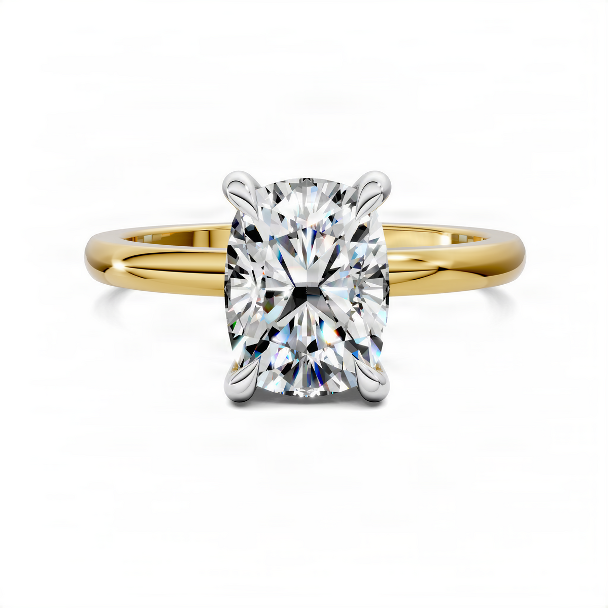Two-tone ring with large round brilliant center stone in white prong setting