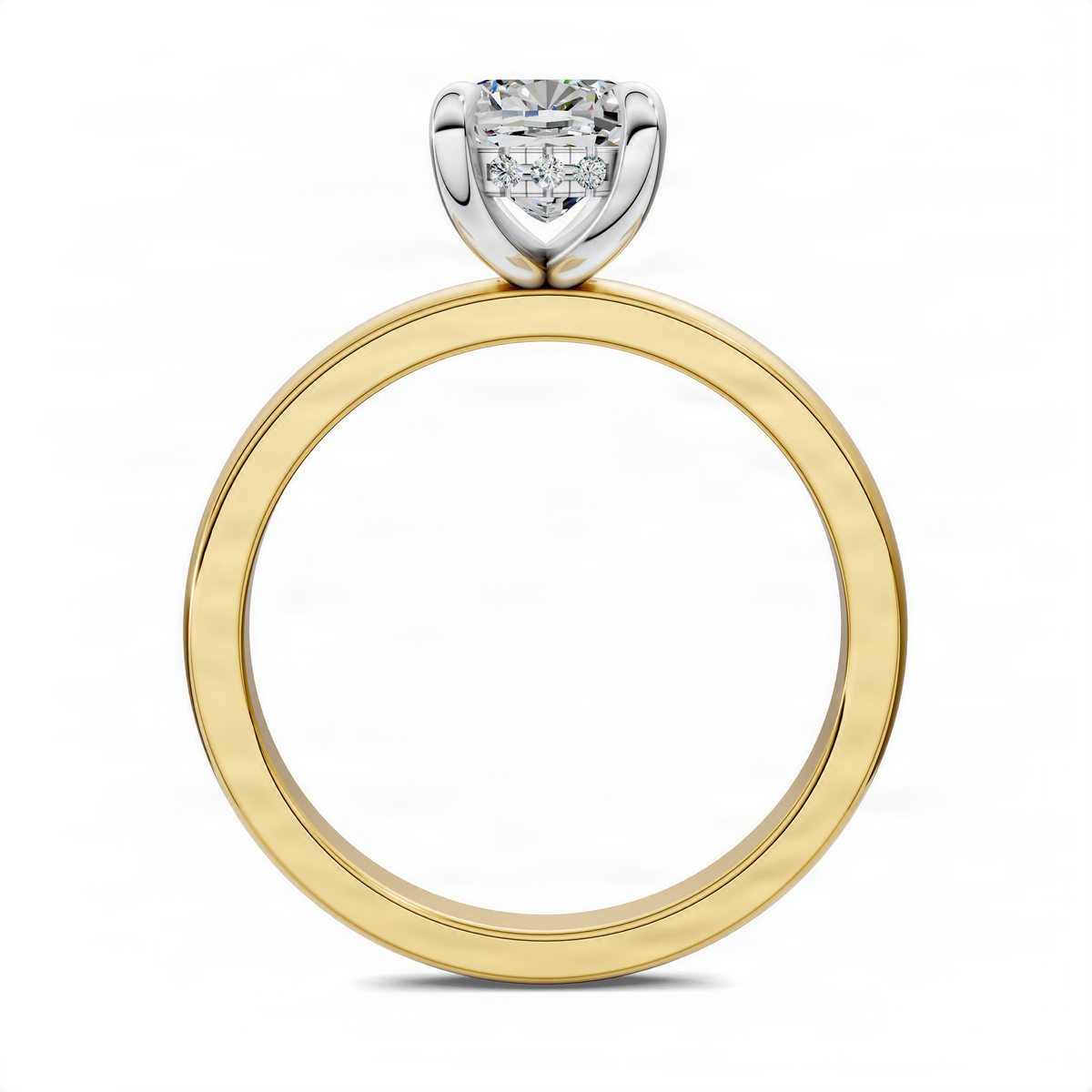 Mixed metal ring with smooth round band and two-tone heart-style halo top setting