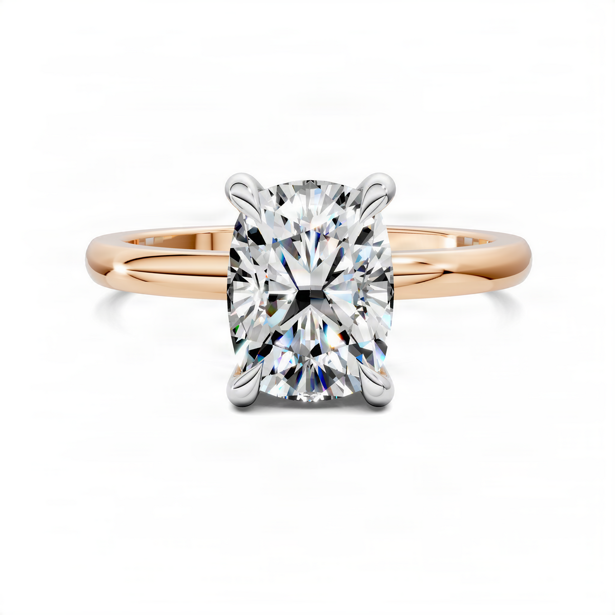 Rose gold tone ring with large round brilliant center stone and white prong halo
